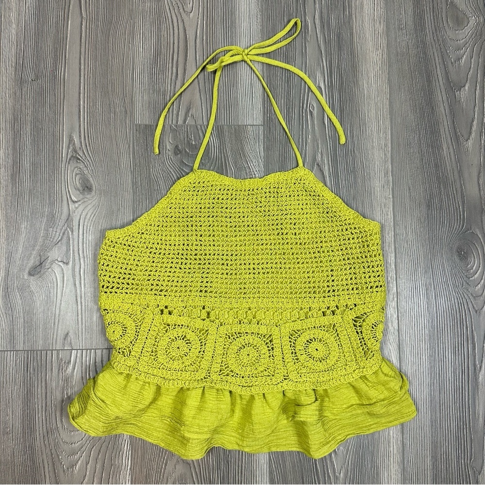 Milk & Honey Chartreuse‎ Knit Halter Top with Ruffle Peplum Summer Vacation